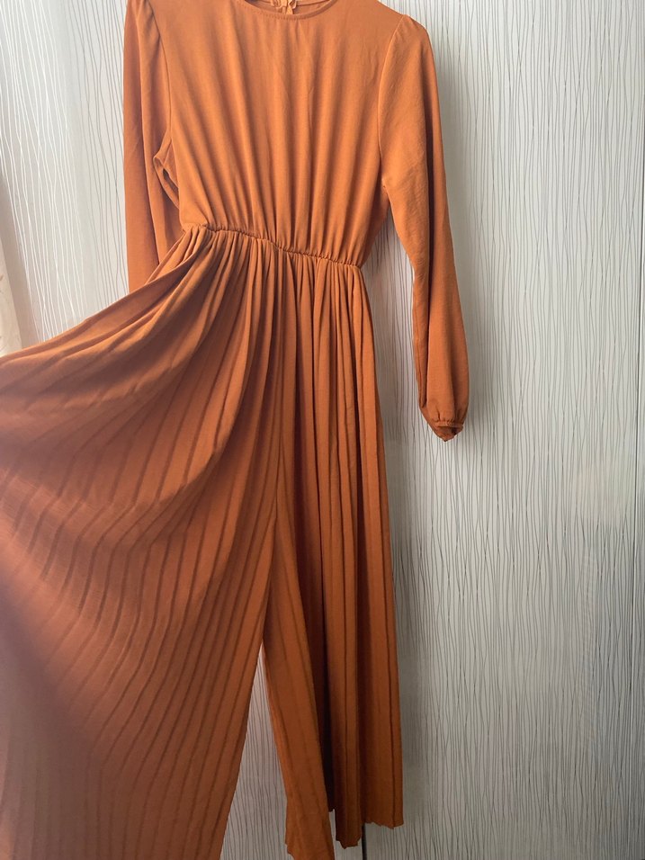 Uzun kiremit rengi elbise görünümlü tulum - Görsel 3