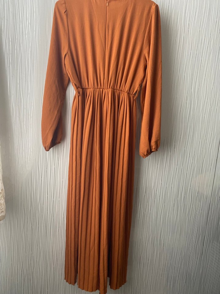 Uzun kiremit rengi elbise görünümlü tulum - Görsel 4