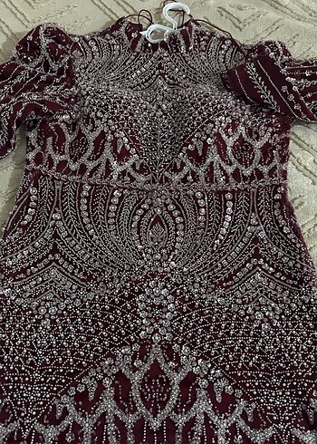 Bordo Boncuk İşlemeli Uzun Tesettür Abiye Elbise - Görsel 2