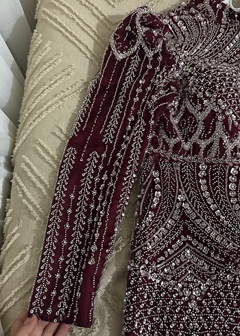 Bordo Boncuk İşlemeli Uzun Tesettür Abiye Elbise - Görsel 3