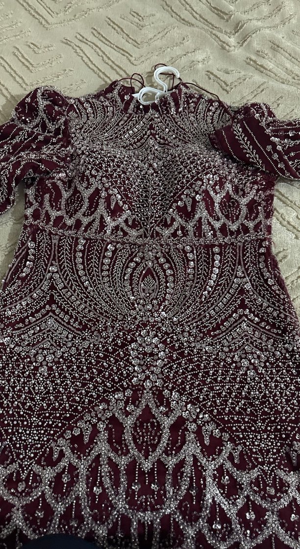 Bordo Boncuk İşlemeli Uzun Tesettür Abiye Elbise - Görsel 2