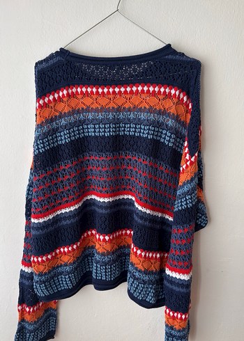 Mavi Çok Renkli Örgü Kadın Kazak - Görsel 5