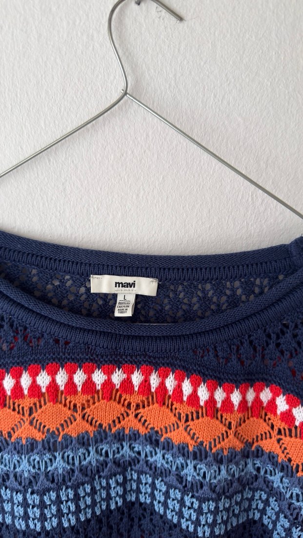 Mavi Çok Renkli Örgü Kadın Kazak - Görsel 2