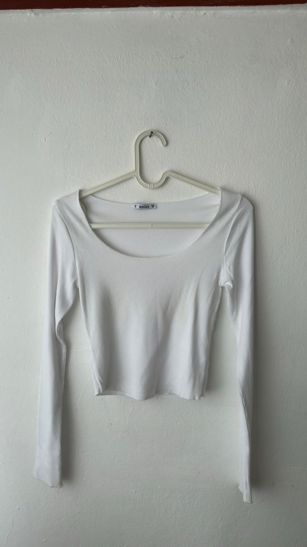 Beyaz Pamuklu Uzun Kollu Crop - Görsel 2