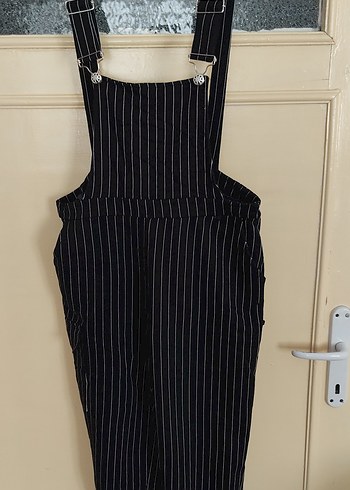 Kızlar için Siyah Çizgili Denim Salopet