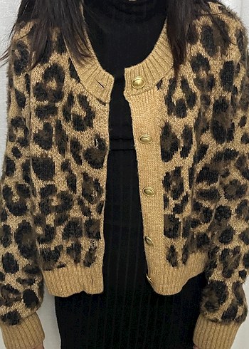 Leopar Desenli Kahverengi Örgü Hırka - Görsel 2