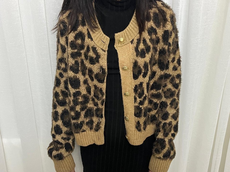 Leopar Desenli Kahverengi Örgü Hırka - Görsel 2