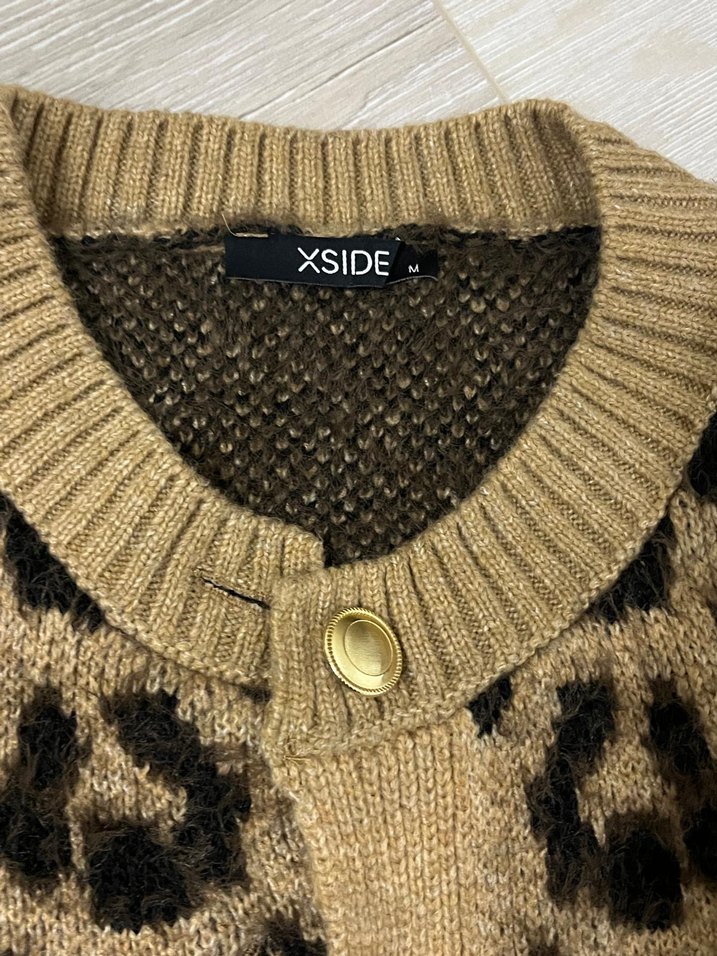 Leopar Desenli Kahverengi Örgü Hırka - Görsel 4