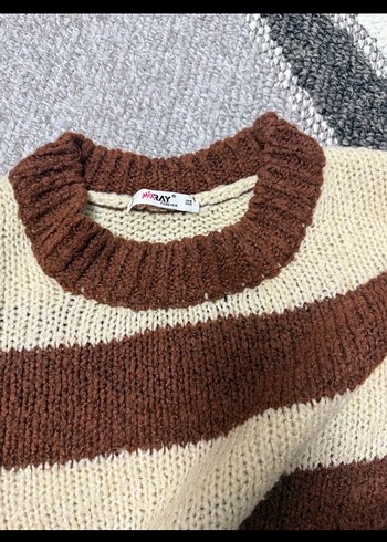 Kahverengi Çizgili Örgü Kadın Kazak - Görsel 2