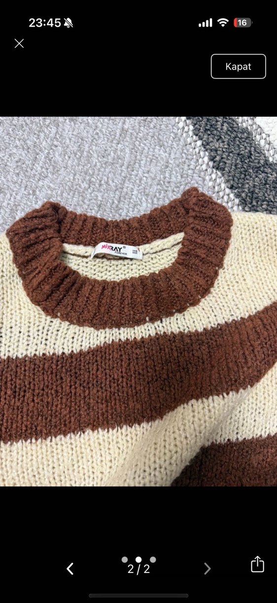 Kahverengi Çizgili Örgü Kadın Kazak - Görsel 2