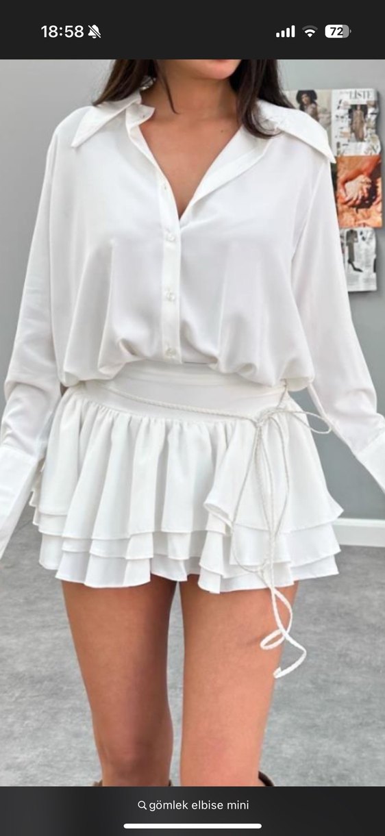 Uzun Kollu Beyaz Mini Elbise - Görsel 2