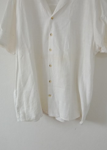 Beyaz Keten Kısa Kollu Gömlek - Görsel 5