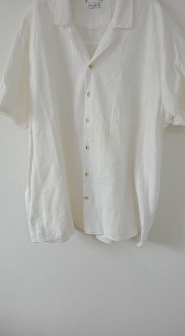 Beyaz Keten Kısa Kollu Gömlek - Görsel 4