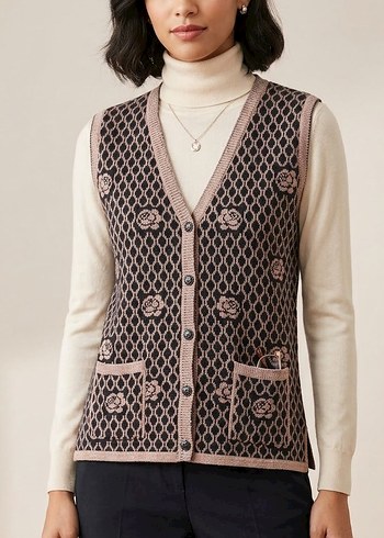 Diğer Vintage Desenli Pembe Cicekli Triko Yelek