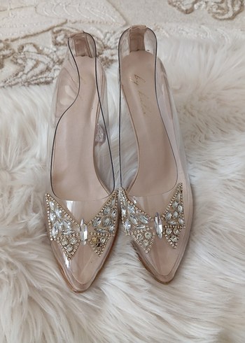 Bej Cam Taşlı Kadın Dolgu Topuk Abiye Ayakkabı - Görsel 3