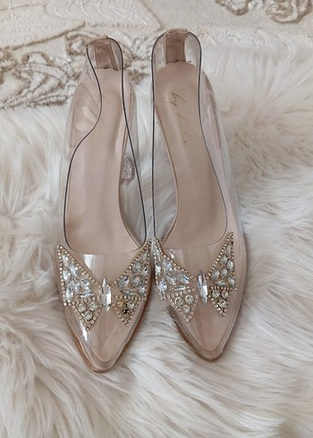 Bej Cam Taşlı Kadın Dolgu Topuk Abiye Ayakkabı - Görsel 7