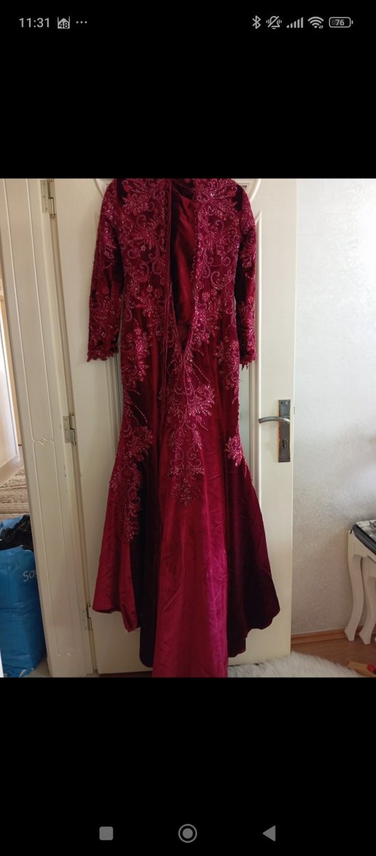 Bordo Uzun Kollu Drapeli Abiye Elbise - Görsel 2