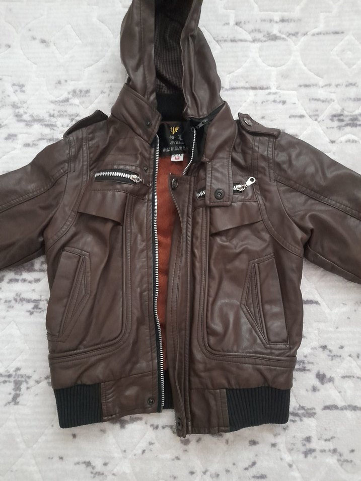 Erkek Çocuk Kahverengi Deri Fermuarlı Ceket - Görsel 3