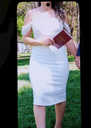 Beyaz Straplez Midi nikah  Elbisesi, abiye - Görsel 5