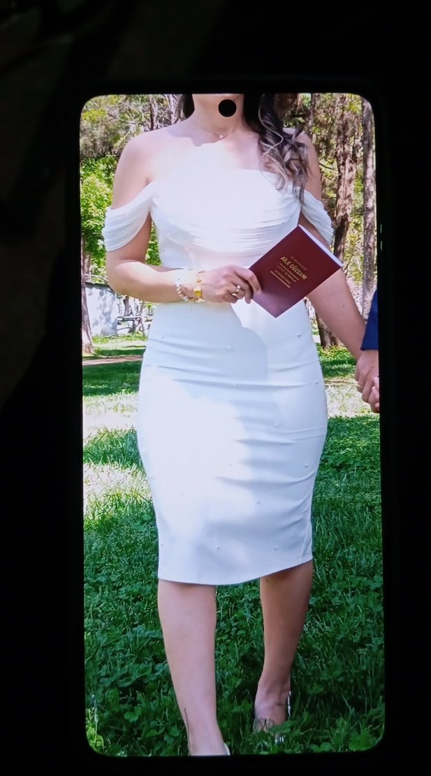 Beyaz Straplez Midi nikah  Elbisesi, abiye - Görsel 5