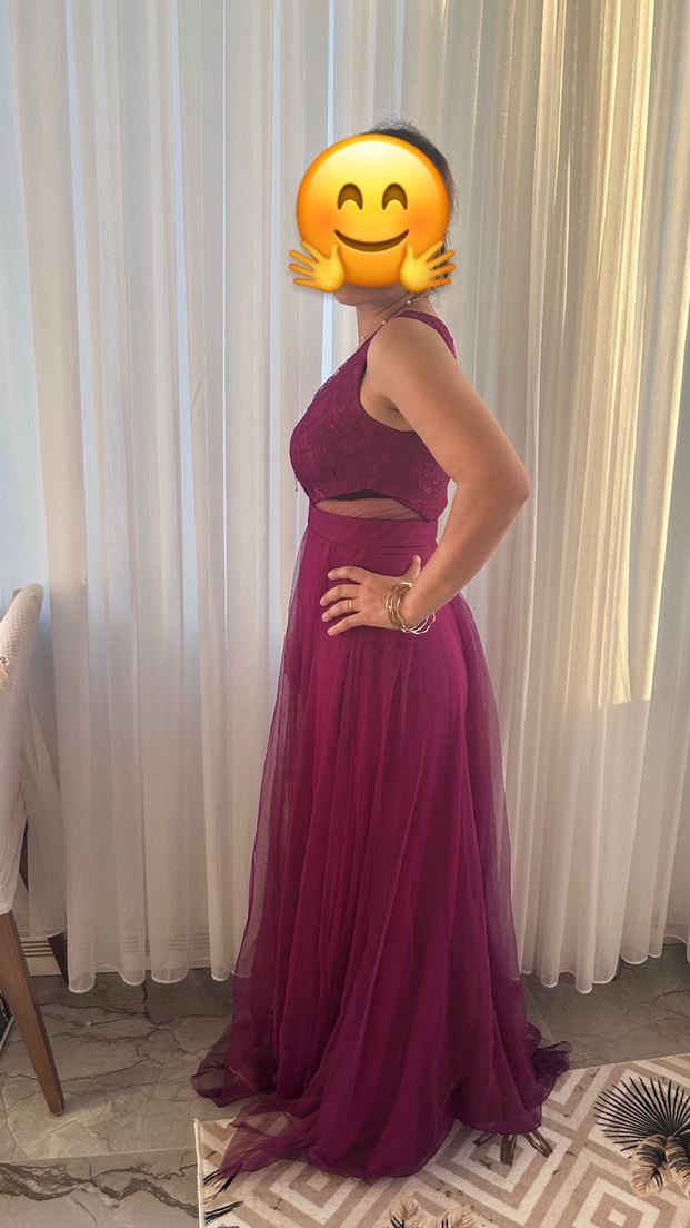 Bordo Uzun Drapeli V Yaka Bohem Abiye Elbise - Görsel 2