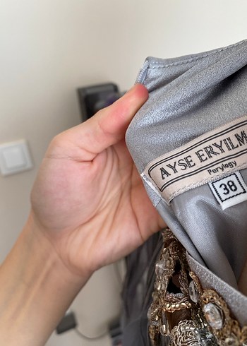 Uzun Kol Drapeli Gri Kadın Abiye Elbise - Görsel 6