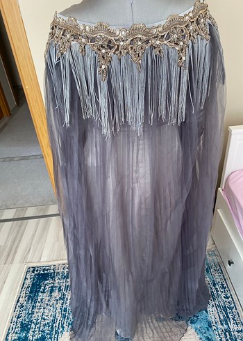 Uzun Kol Drapeli Gri Kadın Abiye Elbise - Görsel 4