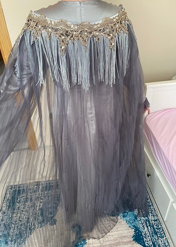 Uzun Kol Drapeli Gri Kadın Abiye Elbise - Görsel 3