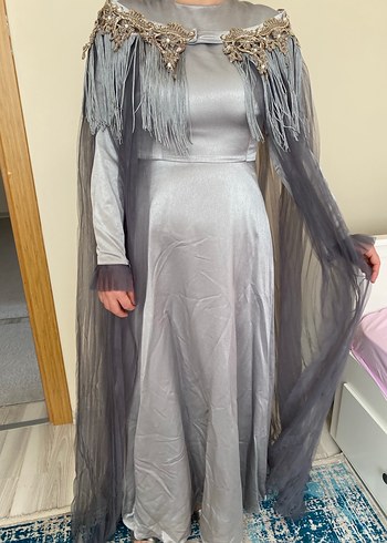 Uzun Kol Drapeli Gri Kadın Abiye Elbise - Görsel 2