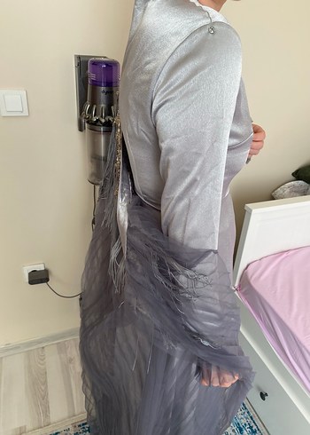 Uzun Kol Drapeli Gri Kadın Abiye Elbise - Görsel 7