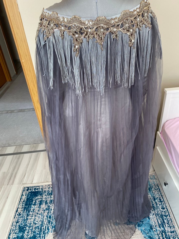 Uzun Kol Drapeli Gri Kadın Abiye Elbise - Görsel 4