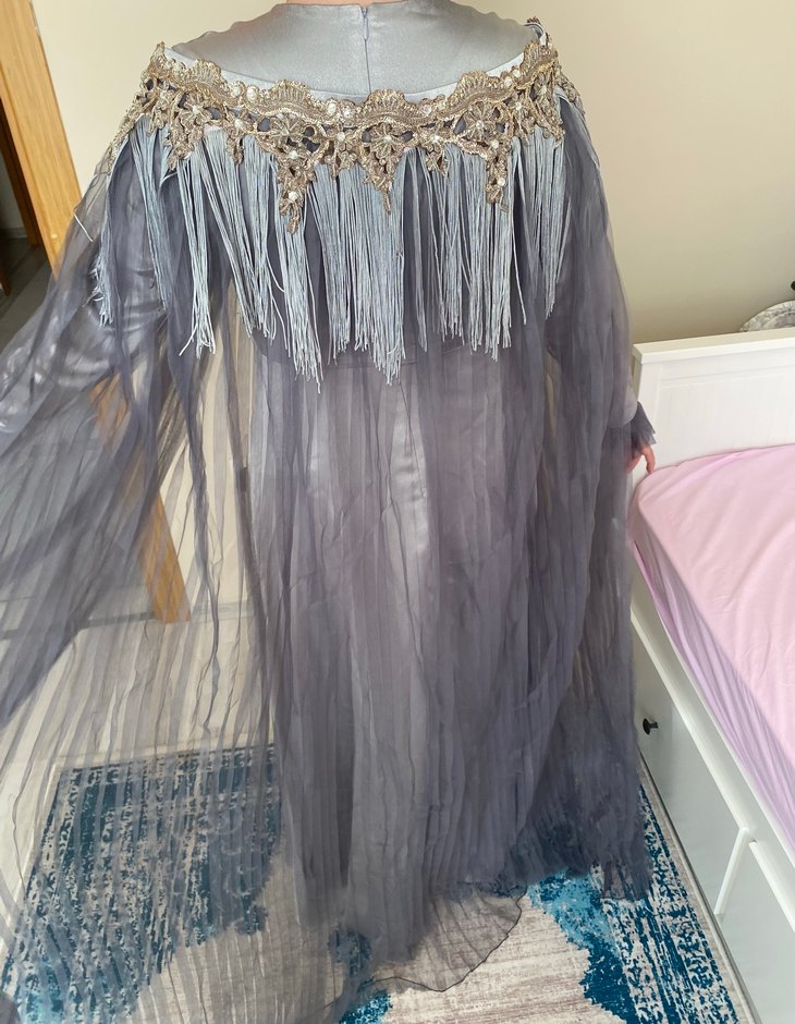 Uzun Kol Drapeli Gri Kadın Abiye Elbise - Görsel 3