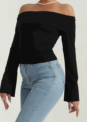 Siyah Kayık Yaka Fit Bluz - Görsel 2