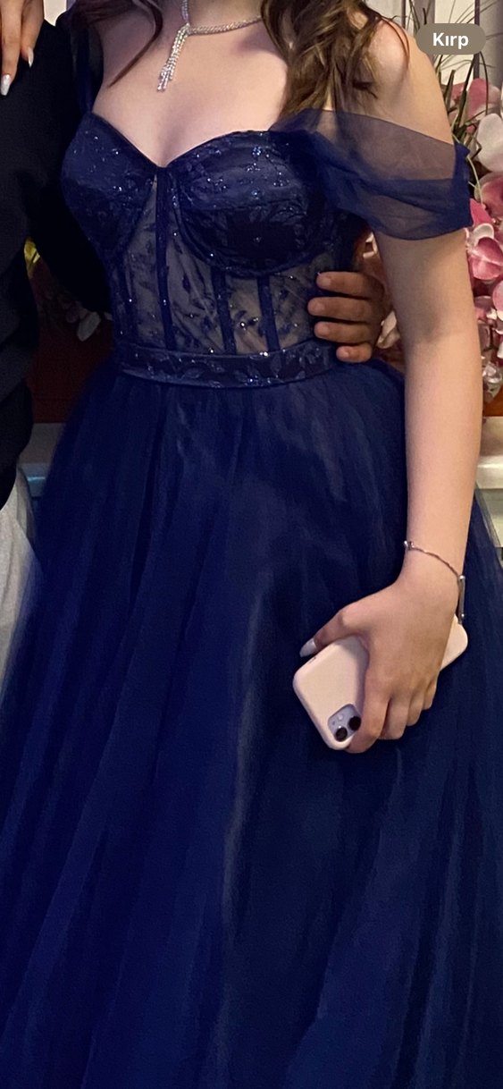 Straplez Nakışlı Lacivert Midi Abiye - Görsel 3