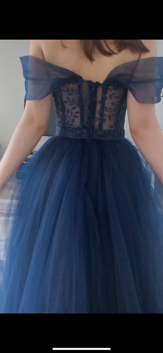 Straplez Nakışlı Lacivert Midi Abiye - Görsel 2