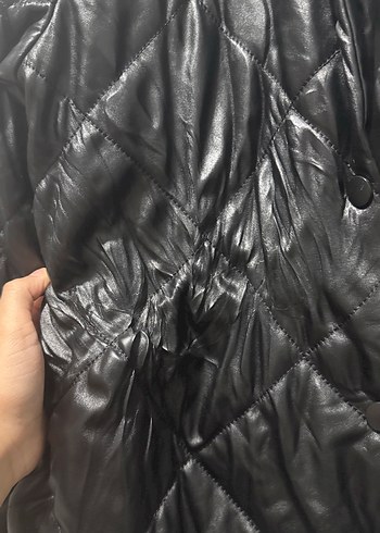 Düğmeli Siyah Midi Deri Kadın Ceket - Görsel 4