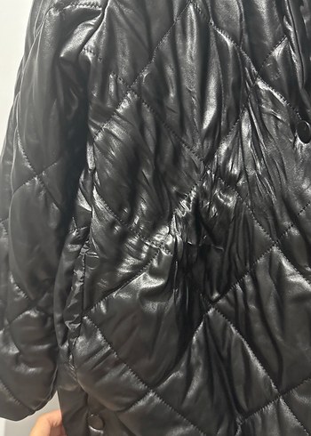 Düğmeli Siyah Midi Deri Kadın Ceket - Görsel 3