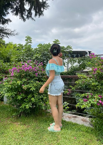 Fırfırlı Turkuaz Bağcıklı Mini Crop Top - Görsel 5