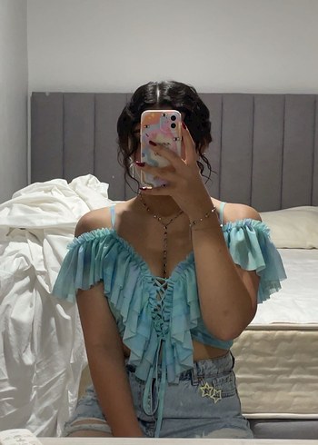 Fırfırlı Turkuaz Bağcıklı Mini Crop Top - Görsel 4