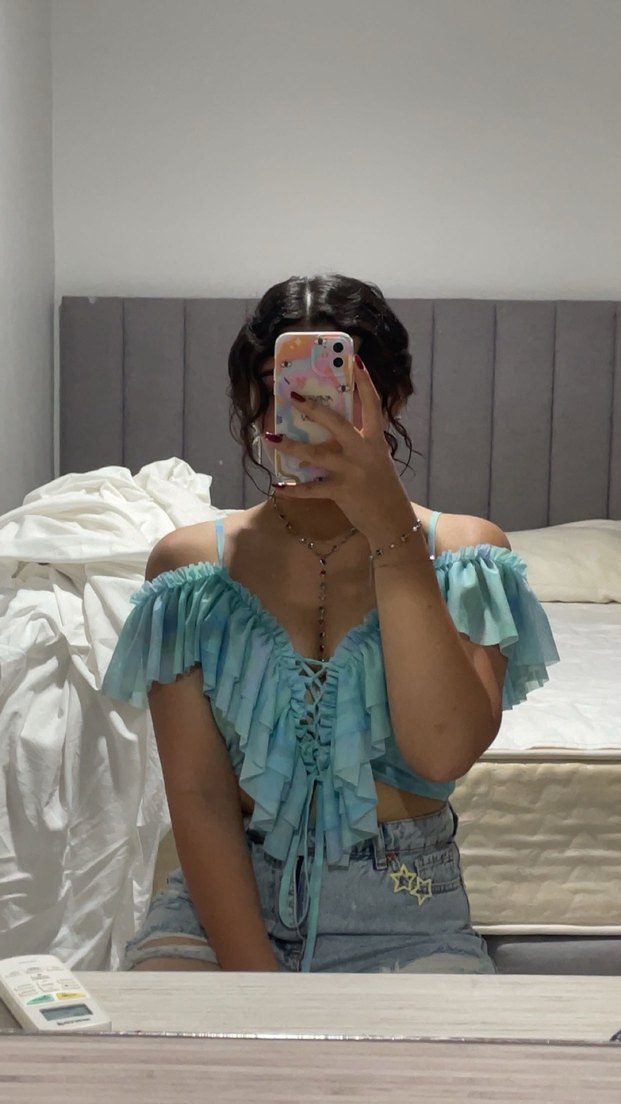 Fırfırlı Turkuaz Bağcıklı Mini Crop Top - Görsel 4