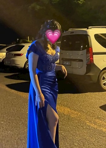 Saks mavisi yırtmaçlı abiye/elbise - Görsel 2