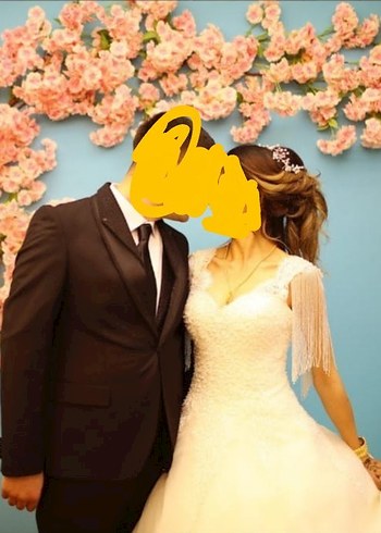 kalın askılı işlemeli beyaz gelinlik