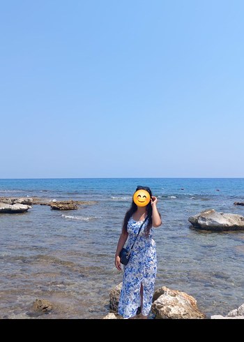 Diğer Mavi V Yaka Uzun yazlık Elbise Yırtmaçlı