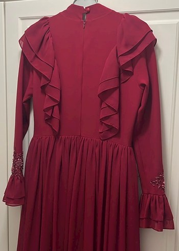 Bordo Uzun Kollu Fırfırlı İşlemeli Abiye Elbise - Görsel 8