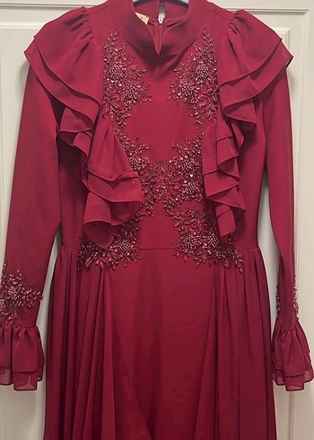 Bordo Uzun Kollu Fırfırlı İşlemeli Abiye Elbise - Görsel 6