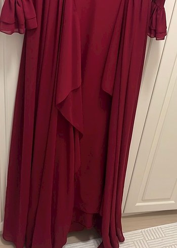 Bordo Uzun Kollu Fırfırlı İşlemeli Abiye Elbise - Görsel 2