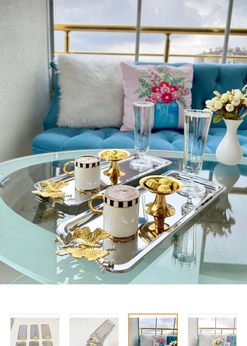 Altın Detaylı Parlak Metal Tepsi Seti - Görsel 3