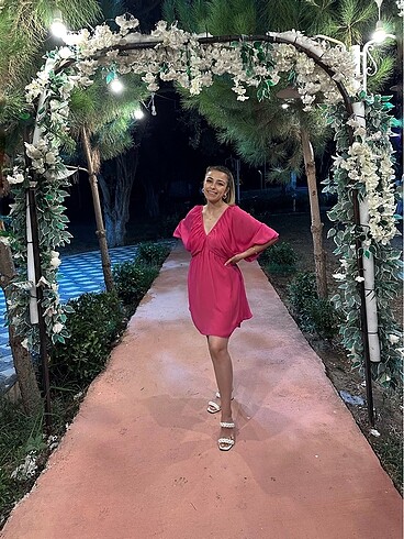 Fuşya yarasa kol elbise - Görsel 2