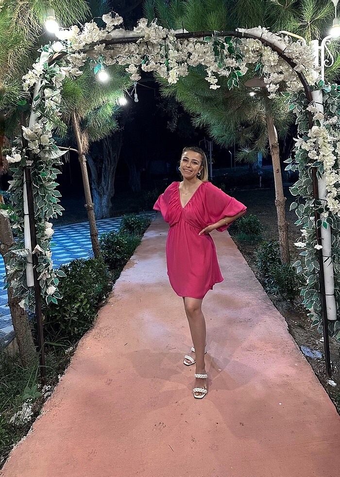 Fuşya yarasa kol elbise - Görsel 2