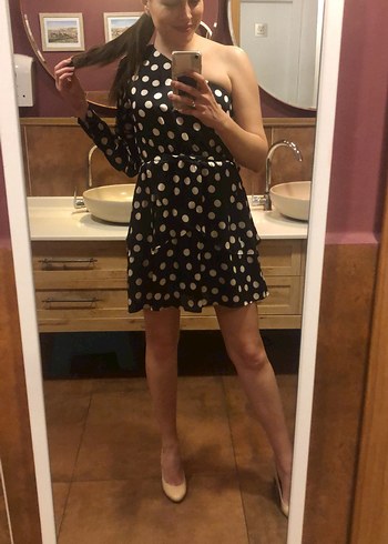 Spazio Retro Siyah Beyaz Puantiyeli Mini Elbise